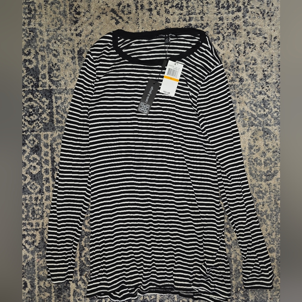 Cable & Gauge Black and White Striped Long Sleeve Tee